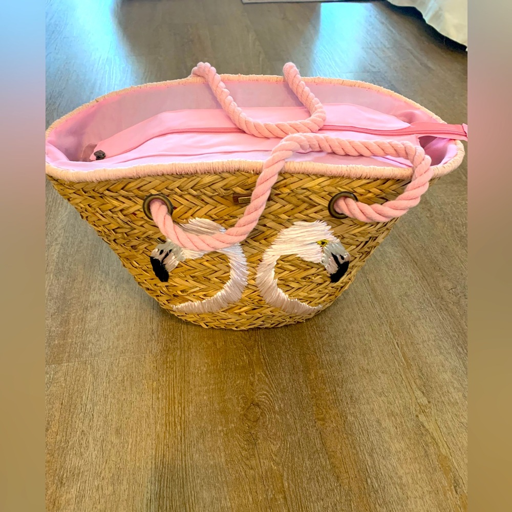 Woven Straw Tote Bag with Pink Trim and Flamingo Embroidery